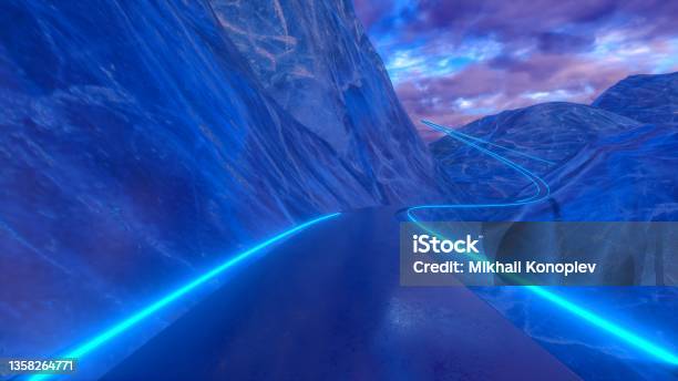 Moving Through The Abstract Glossy Ice Mountains On A Sunset Background Riding On Rollercoaster With Blue Neon Lights Extremely Fast Seamless 3d Rendering Of Abstract Roller Coaster Stock Photo - Download Image Now