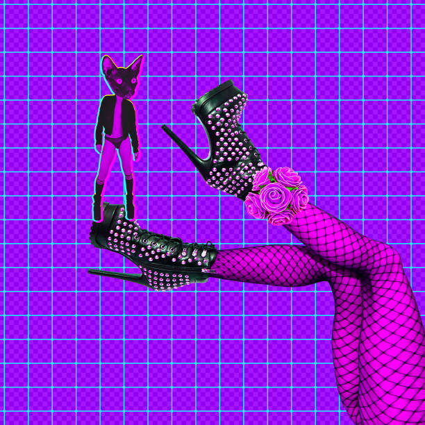 Collage with sexy swag  clubbing Kitty and sexy legs in trendy purple  space. Modern, Contemporary colorful bright zine design. Nightlife, party, Dj concept stock photo
