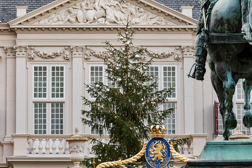 The Hague, Netherlands - December 14, 2020: Christmas tree at Noordeinde Palace, since 2013 used as the working palace for King Willem-Alexander