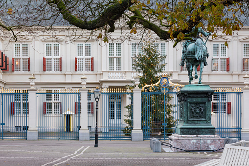 The Hague, Netherlands - December 14, 2020: Christmas tree at Noordeinde Palace, since 2013 used as the working palace for King Willem-Alexander