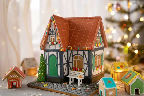 gingerbread houses like a christmas village, festive background, selective focus
