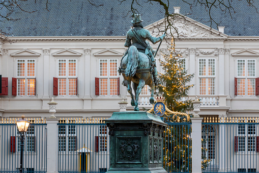 The Hague, Netherlands - December 14, 2020: Christmas tree at Noordeinde Palace, since 2013 used as the working palace for King Willem-Alexander