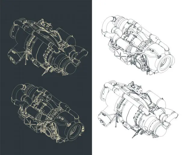 Vector illustration of Aircraft gas turbine engine APU isometric blueprints
