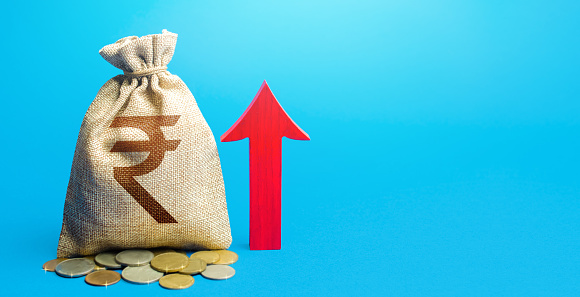 Indian rupee money bag with red arrow up. Raising taxes. Deposit interest. Increase in profitability and prosperity, higher living standards. Recovery of financial system after crisis. Budget growth