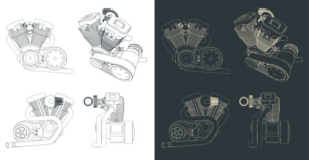 V-Twin motorcycle engine blueprints Stylized vector illustration of blueprints of powerful  V-Twin motorcycle engine motorcycle drawings stock illustrations