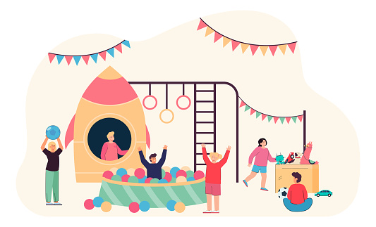 Cartoon children playing at day care center or nursery. Kids spending time in indoor game zone flat vector illustration. Children, recreation concept for banner, website design or landing page