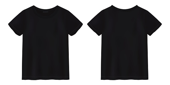 Unisex black t shirt mock up. T-shirt design template. Short sleeve tee. Front and back views. Vector illustration.