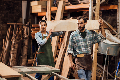 Carpenter and his apprentice working with sustainable locally sourced wood in a workshop in the North East of England. They are making handcrafted furniture and they are a family business. They are both carrying a plank of wood on their shoulders.