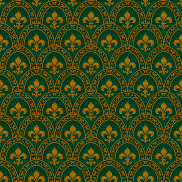 fleur de lys nahtloses muster - pattern circle backgrounds retro revival stock-grafiken, -clipart, -cartoons und -symbole