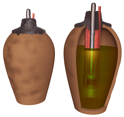 3D rendering illustration of an Ancient Battery found in Baghdad in 1936; and composed of a 14 cm high terracotta container, a 9 cm copper cylinder and an iron rod, sealed with bitumen as insulation.
