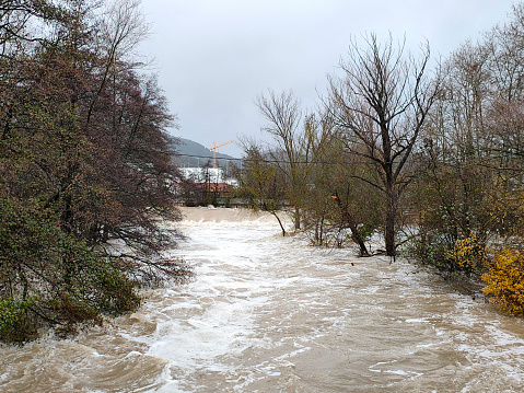 flood on the Arga river. Pamplona, ​​Navarra, December 10, 2021\n shooting from a height