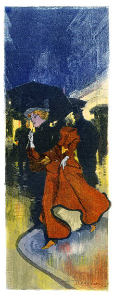 edle frau beim wandern mit regenschirm in münchen unter regen jugendstil 1896 - regen bayern stock-grafiken, -clipart, -cartoons und -symbole