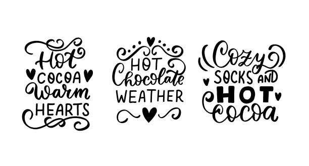 ilustrações de stock, clip art, desenhos animados e ícones de hot cocoa quotes bundle. hot chocolate weather. cozy socks. warm heart. hand lettering holiday quote. cozy winter huge phrase. modern calligraphy. mugs print design element overlay - hot chocolate