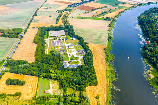Aerial view of sewage treatment plant. Industrial water treatmen in Malbork, Pomeranian Voivodeship, Poland