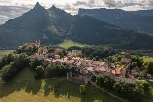 gruyeres town from aerial view - fribourg canton imagens e fotografias de stock