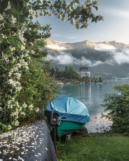 日の出の青い湖の典型的なスイスの村 - brienz house switzerland european alps ストックフォトと画像