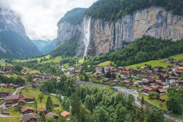 swiss valley with waterfall from aerial view in Lauterbrunnen, Canton of Bern, Switzerland