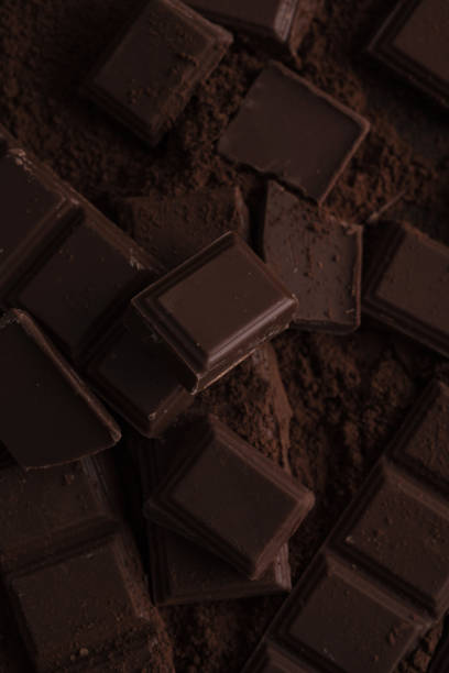 istock Dark chocolate tile pieces covered in chocolate powder 1358285747