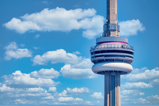 Toronto, Canada - November 15, 2021: Daytime view of the Canadian National Tower or CN Tower. The telecommunication building is also a famous place and tourist attraction