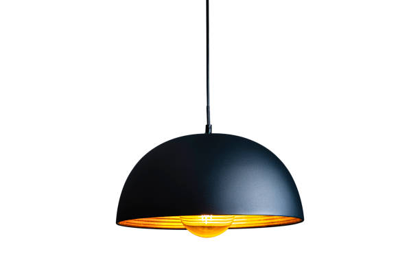Black modern pendant electric lamp Black illuminated electric lamp hanging from ceiling isolated on white background. High resolution 42Mp studio digital capture taken with Sony A7rII and Sony FE 90mm f2.8 macro G OSS lens pendant stock pictures, royalty-free photos & images