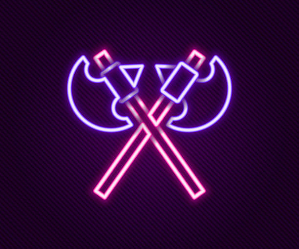 istock Glowing neon line Crossed medieval axes icon isolated on black background. Battle axe, executioner axe. Medieval weapon. Colorful outline concept. Vector 1358288435