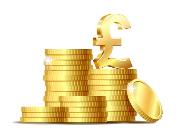 illustrazioni stock, clip art, cartoni animati e icone di tendenza di pila di monete con simbolo di valuta shiny golden pound sign. - british currency pound symbol currency stack