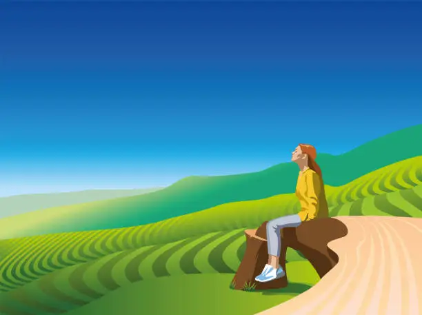 Vector illustration of One Young beautiful Woman relaxes sitting on a wooden bench on a hilly landscape full of greenery and trees, vector illustration motivational concept