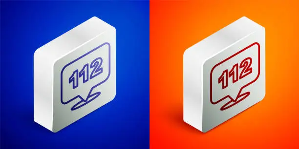 Vector illustration of Isometric line Telephone with emergency call 112 icon isolated on blue and orange background. Police, ambulance, fire department, call, phone. Silver square button. Vector