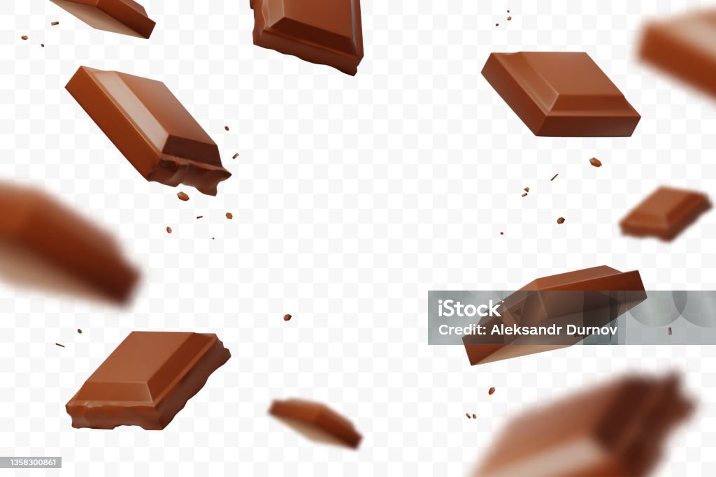Реалистичные падающие кусочки шоколада, изолированные на прозрачном фоне. Левитация расфокусировки кусочков молочного шоколада. Применим - Векторная графика Шоколад роялти-фри