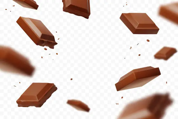 Vector illustration of Realistic falling chocolate pieces isolated on transparent background. Levitating defocusing milk chocolate chunks. Applicable for packaging background, advertising, etc. Vector illustration.
