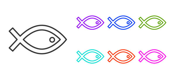 istock Black line Christian fish symbol icon isolated on white background. Jesus fish symbol. Set icons colorful. Vector 1358301311