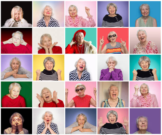 коллаж из разных эмоций пожилой женщины - portrait senior adult confusion women стоковые фото и изображения