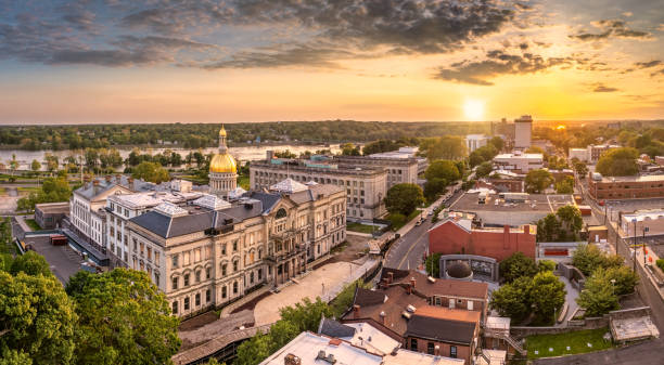 Aerial panorama of Trenton New Jersey skyline Aerial panorama of Trenton New Jersey skyline and state capitol at sunset. Trenton is the capital city of the U.S. state of New Jersey and the county seat of Mercer County. new jersey stock pictures, royalty-free photos & images