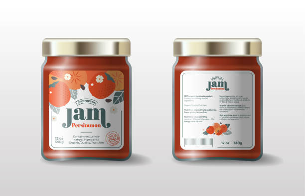 Persimmon jam. Whole and cut fruits, leaves and flowers, text, sugar free icon. Emblem for jam, sweet , preserved food. Label, packaging for organic products, health nutrition. kaki marmelade stock illustrations