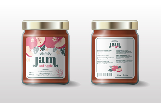 Apple jam. Whole and cut fruits, leaves and flowers, text, sugar free icon.