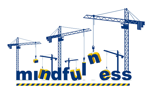 Construction cranes build Mindfulness word vector concept design, conceptual illustration with lettering allegory in progress development, stylish metaphor of psychology awareness.