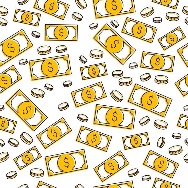 Vector illustration of Money cash seamless background, dollar currency money signs, backdrop for financial business website or economical theme ads and information, vector wallpaper or web site background.