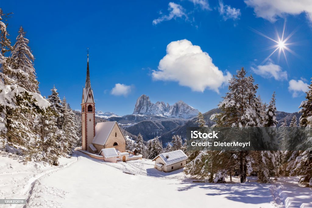 St. Jacob church above Val Gardena in Dolomites - Chiesa di San Giacomo in Ortisei Dolomites, Alto Adige - Italy, Chapel, Church, Europe Seiser Alm Stock Photo