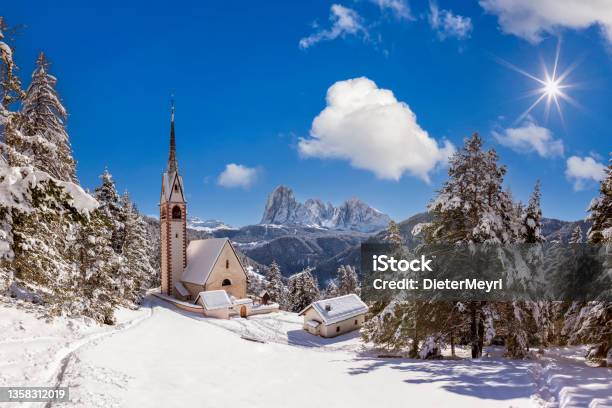 St Jacob Church Above Val Gardena In Dolomites Chiesa Di San Giacomo In Ortisei Stock Photo - Download Image Now