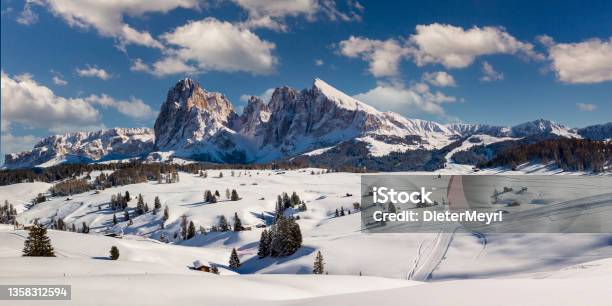 Perfect Winter Day At Alpe Di Siusi With View On Sassolungo And Sassopiatto Dolomites Italy Stock Photo - Download Image Now