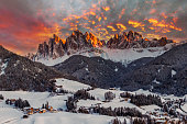 Awesome Winter Landscape with Santa Maddalena village, Dolomites, Italy, Europe
