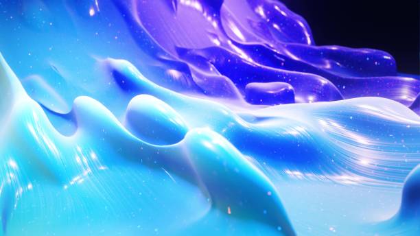 istock Liquid gradient blue color. Bright glossy paint surface as abstract festive background. Glitters on viscous liquid with 3d splashes on surface like drops. 3d render 1358313760