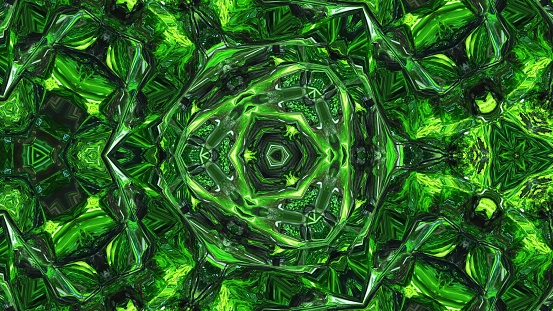 3d render. Liquid green symmetrical pattern like kaleidoscope with waves. 3D stylish abstract bg, wavy structure of brilliant liquid glass with beautiful gradient colors
