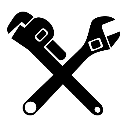 Cross adjustable wrench and pipe wrench icon. Industrial work tools. Black silhouette vector illustration isolated on white background.