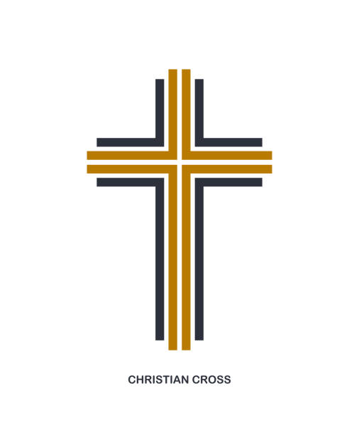 chrześcijański krzyż nowoczesny liniowy styl wektorowy symbol wyizolowany na białym, wierze i wierze współczesny krucyfiks znak jezusa chrystusa pasiasty projekt graficzny. - cross shape stock illustrations