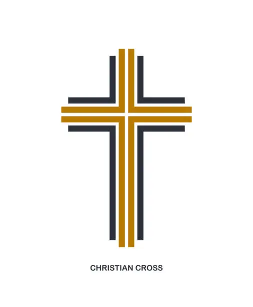 Vector illustration of Christian cross modern linear style vector symbol isolated on white, faith and belief contemporary crucifix sign of Jesus Christ stripy graphic design.