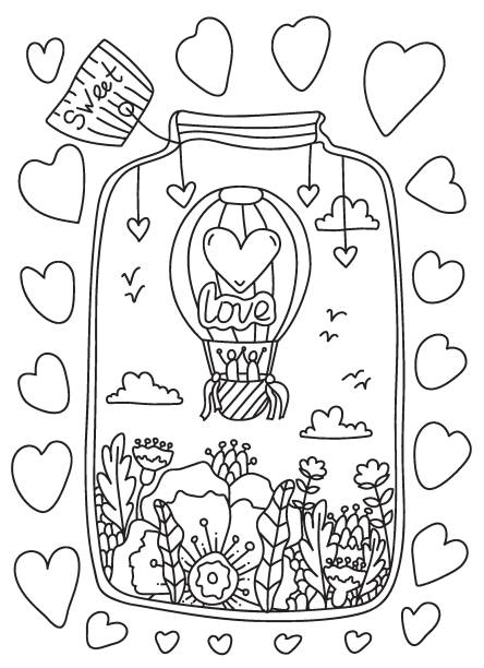 illustrazioni stock, clip art, cartoni animati e icone di tendenza di pagina del libro da colorare doodle di san valentino. barattolo di vetro con una coppia innamorata che vola in mongolfiera su fantastici fiori e cuori. vector lines art design antistress per adulti e bambini - text sky abstract air