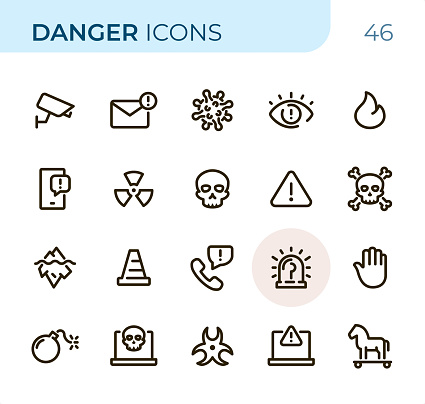 Danger icons set # 46

Specification: 20 icons, 36x36 pх, perfect fit to 48x48 or 64x64 container, stroke weight 2 px.

Features: Pixel Perfect, One color, Single line.

First row of  icons contains:
Surveillance, E-Mail & Exclamation Mark, Virus, Eye, Flame;

Second row contains: 
Alert Message, Radioactive, Skull, Warning Sign, Skull & Crossbones;

Third row contains: 
Iceberg, Traffic Cone, Call Message, Alarm, Stop Gesture; 

Fourth row contains: 
Bomb, Computer Crime, Biohazard Symbol, Error (Exclamation Mark Laptop), Trojan Horse.

Complete Sunico collection - https://www.istockphoto.com/collaboration/boards/VZPMQQNTvUG4HwsmIjQzxA