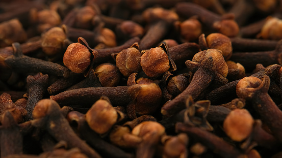 Cooked cloves, which have been dried, ready to use for flavor and odor enhancer, zoomed in close.