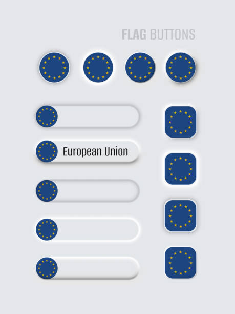 ilustrações, clipart, desenhos animados e ícones de botões de simulação neomórfico 3d definidos em fundo branco. bandeira da união europeia para site, menu móvel, aplicativos. simples elemento de design de conceito de neomorfismo, componente ui ux. ilustração vetorial - european union flag flag european community interface icons